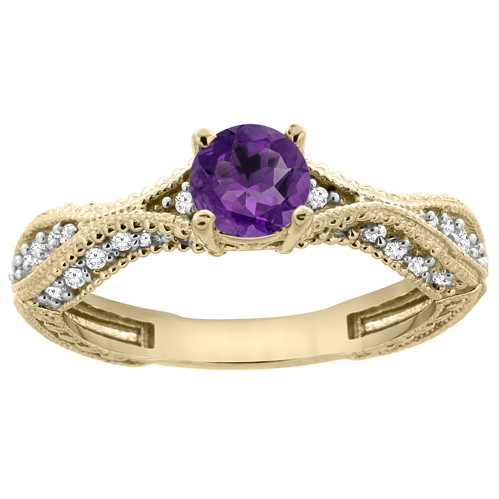 14K Yellow Gold Natural Amethyst Round 5mm Engraved Engagement Ring Diamond Accents, sizes 5 - 10