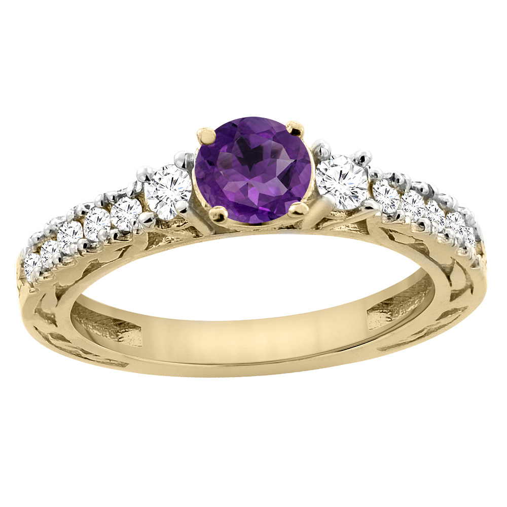 14K Yellow Gold Natural Amethyst Round 6mm Engraved Engagement Ring Diamond Accents, sizes 5 - 10