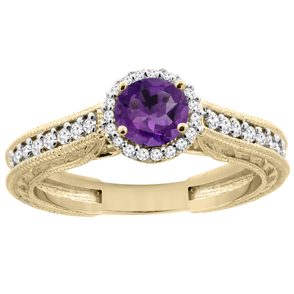 14K Yellow Gold Natural Amethyst Round 5mm Engraved Engagement Ring Diamond Accents, sizes 5 - 10