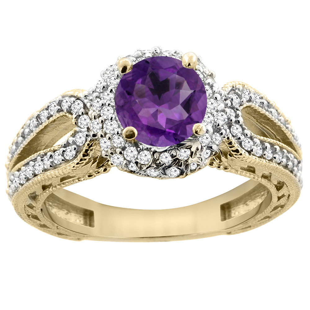 14K Yellow Gold Natural Amethyst Engagement Ring Round 6mm Engraved Split Shank Diamond Accents, sizes 5 - 10