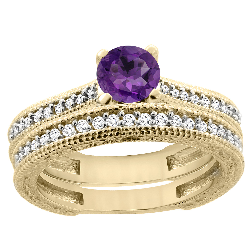 14K Yellow Gold Natural Amethyst Round 5mm Engraved Engagement Ring 2-piece Set Diamond Accents, sizes 5 - 10