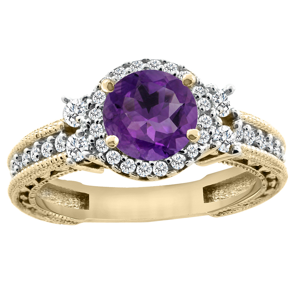 14K Yellow Gold Natural Amethyst Halo Engagement Ring Round 6mm Diamond Accents, sizes 5 - 10