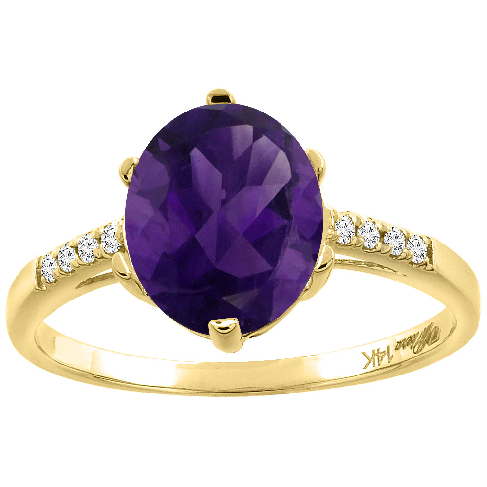 14K Yellow Gold Natural Amethyst & Diamond Ring Oval 10x8 mm, sizes 5-10