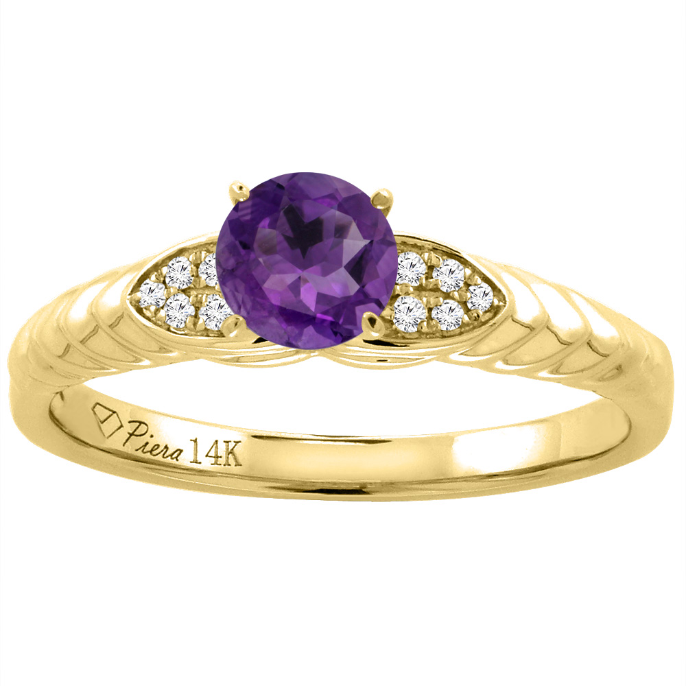 14K Yellow Gold Diamond Natural Amethyst Engagement Ring Round 5 mm, sizes 5-10