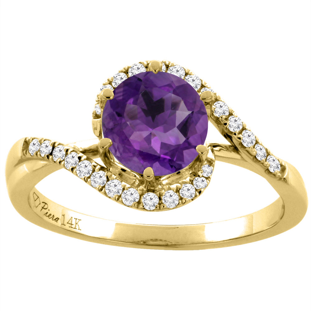14K Yellow Gold Diamond Natural Amethyst Bypass Engagement Ring Round 7 mm, sizes 5-10
