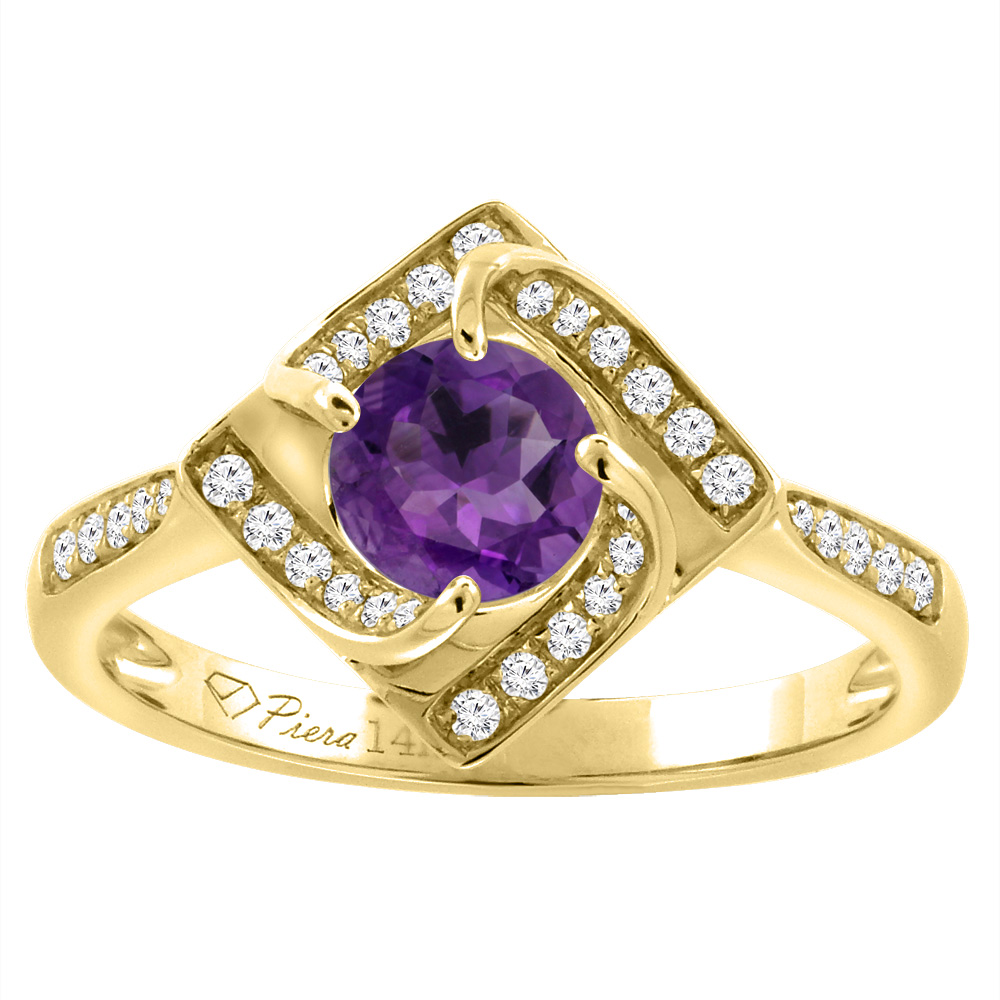 14K Yellow Gold Diamond Natural Amethyst Engagement Ring Round 7 mm, sizes 5-10