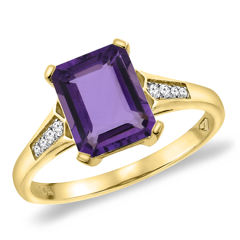 14K Yellow Gold Natural Amethyst Ring 9x7 mm Octagon with Diamond Accent, sizes 5 -10