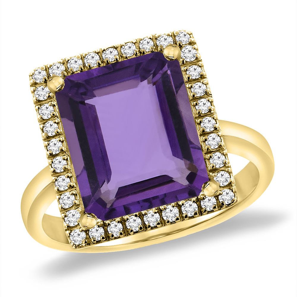 14K Yellow Gold Natural Amethyst Ring Diamond Accent 12x10 mm Octagon, sizes 5 -10
