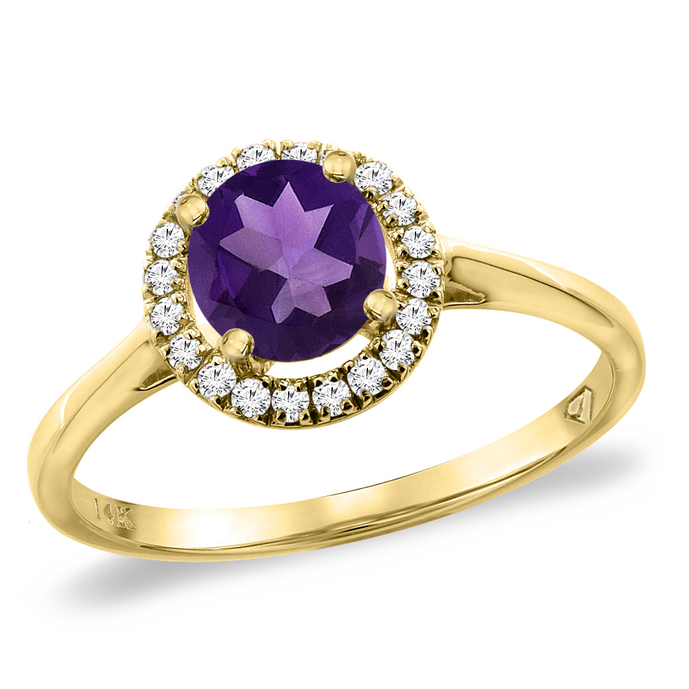 14K Yellow Gold Diamond Halo Natural Amethyst Engagement Ring Round 6 mm, sizes 5 -10