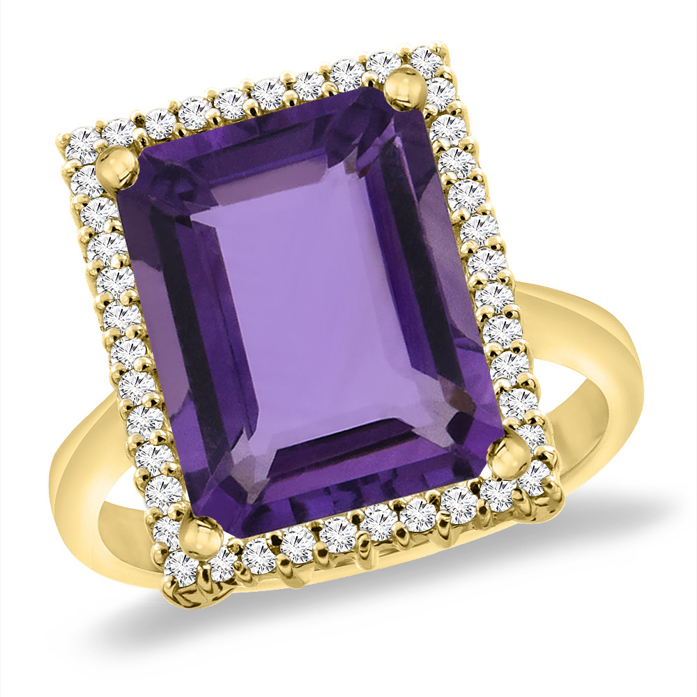 14K Yellow Gold Natural Amethyst Ring Diamond Accent 14x10 mm Octagon, sizes 5 -10