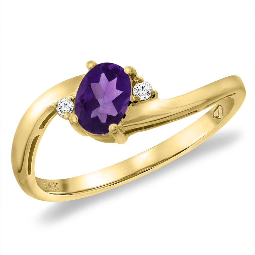14K Yellow Gold Diamond Natural Amethyst Bypass Engagement Ring Oval 6x4 mm, sizes 5 -10