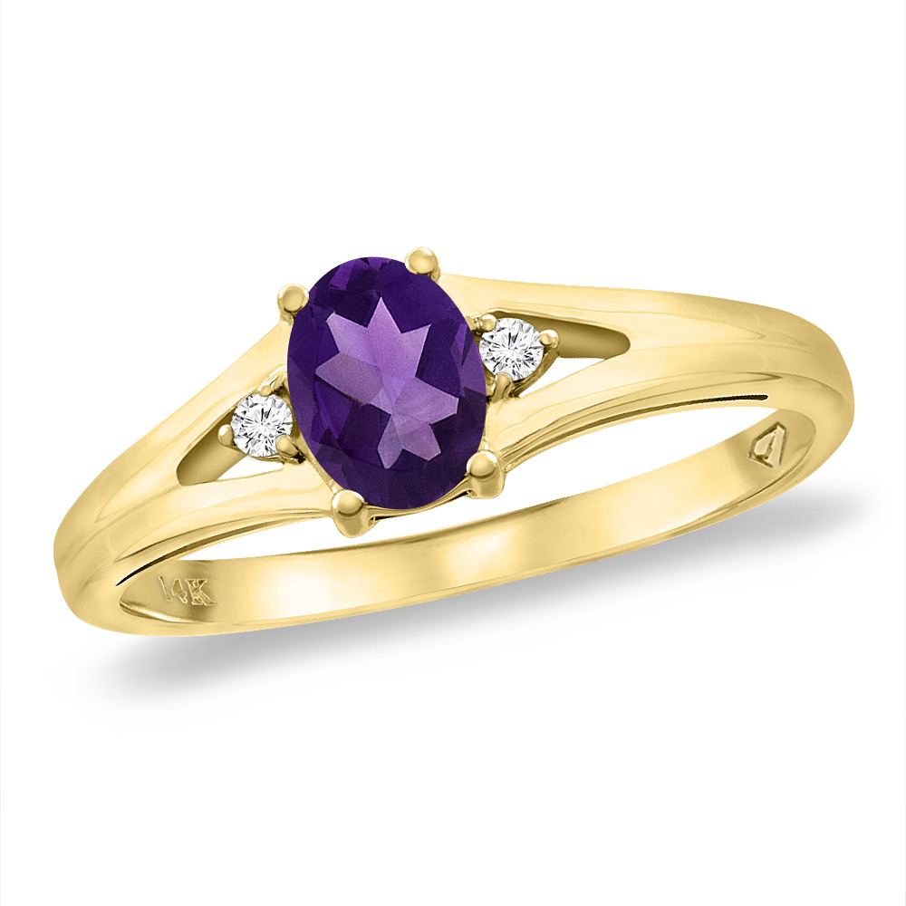 14K Yellow Gold Diamond Natural Amethyst Engagement Ring Oval 6x4 mm, sizes 5 -10