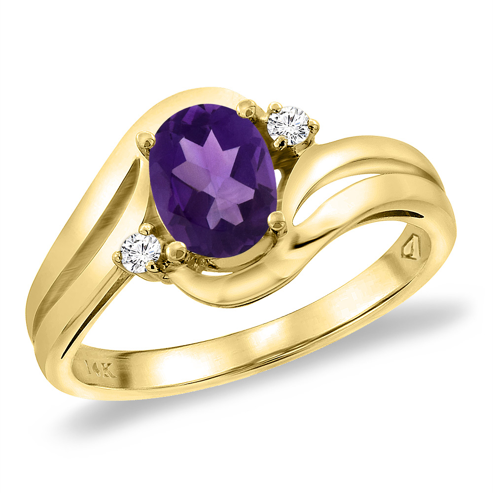 14K Yellow Gold Diamond Natural Amethyst Bypass Engagement Ring Oval 8x6 mm, sizes 5 -10
