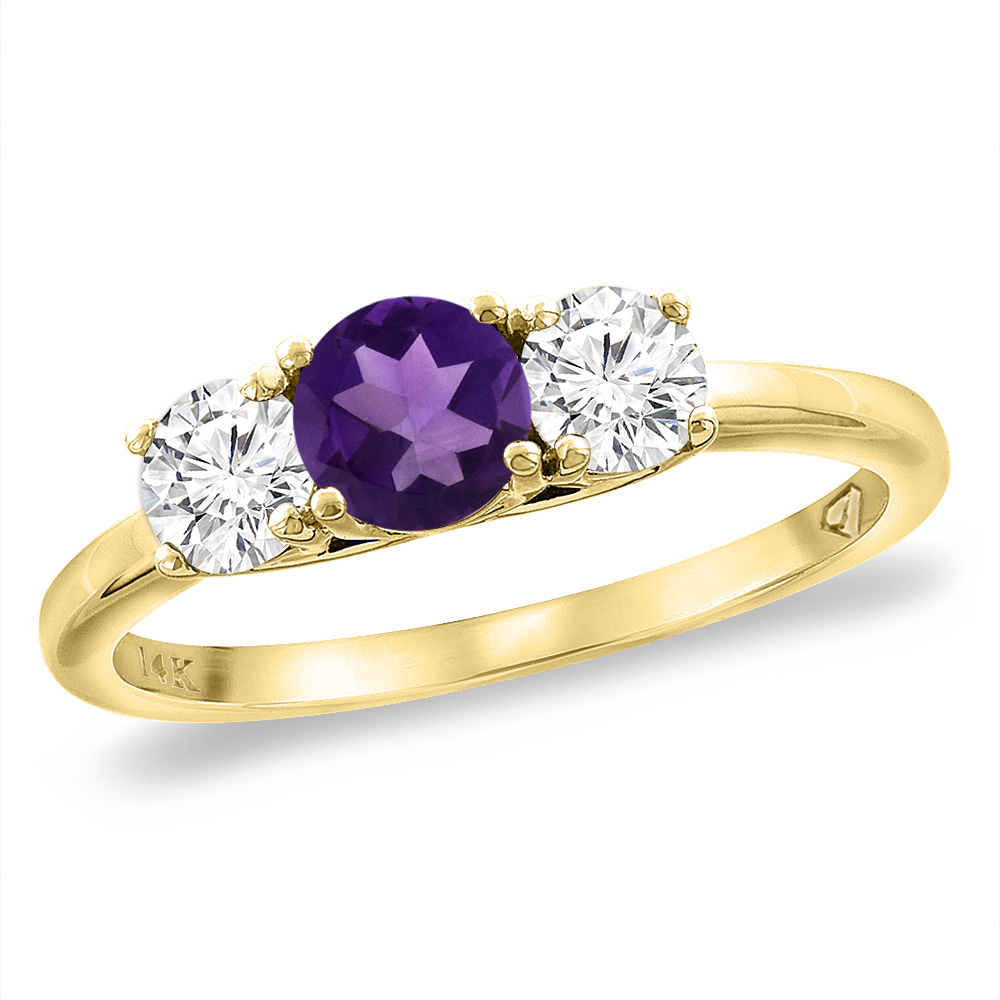 14K Yellow Gold Diamond Natural Amethyst Engagement Ring 5mm Round, sizes 5 -10
