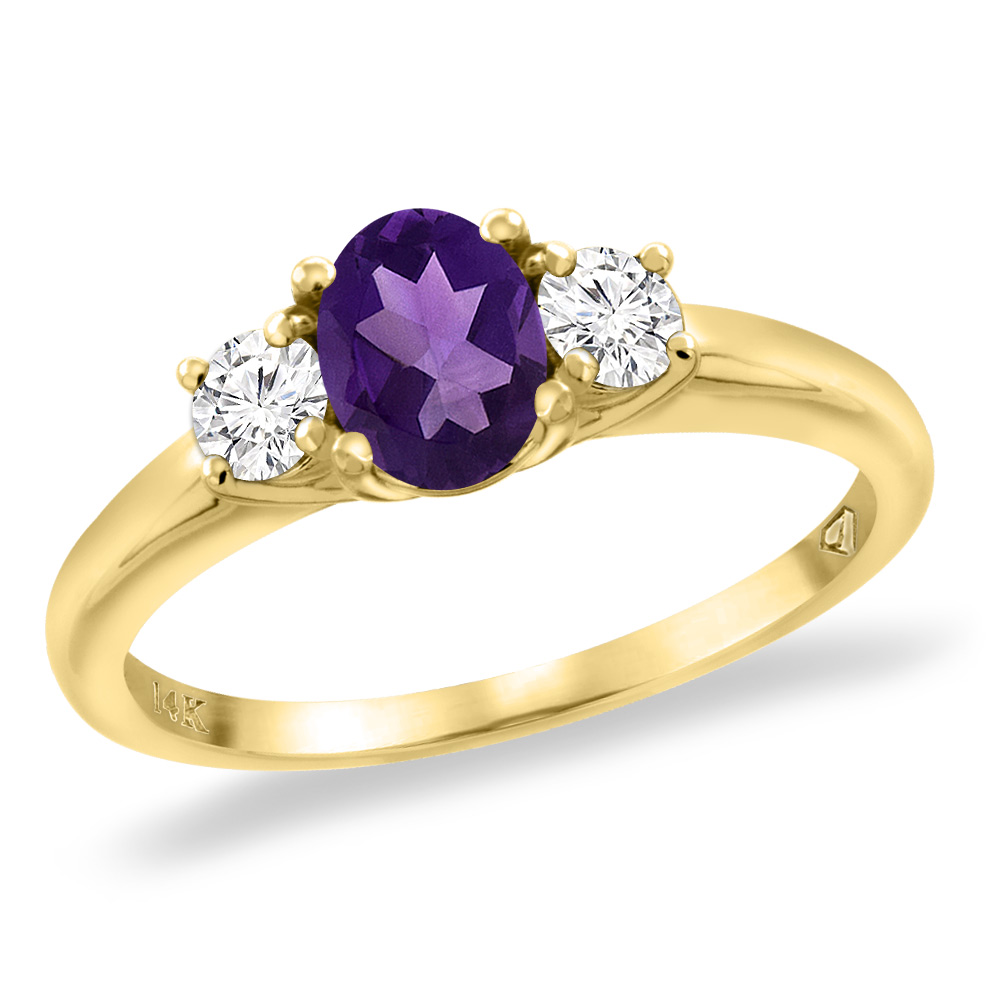 14K Yellow Gold Natural Amethyst Engagement Ring Diamond Accents Oval 7x5 mm, sizes 5 -10