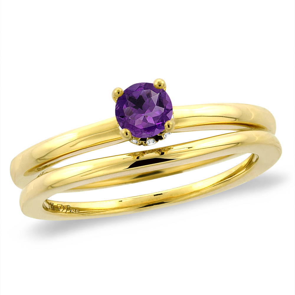 14K Yellow Gold Diamond Natural Amethyst 2pc Solitaire Engagement Ring Set Round 6 mm, sizes 5-10
