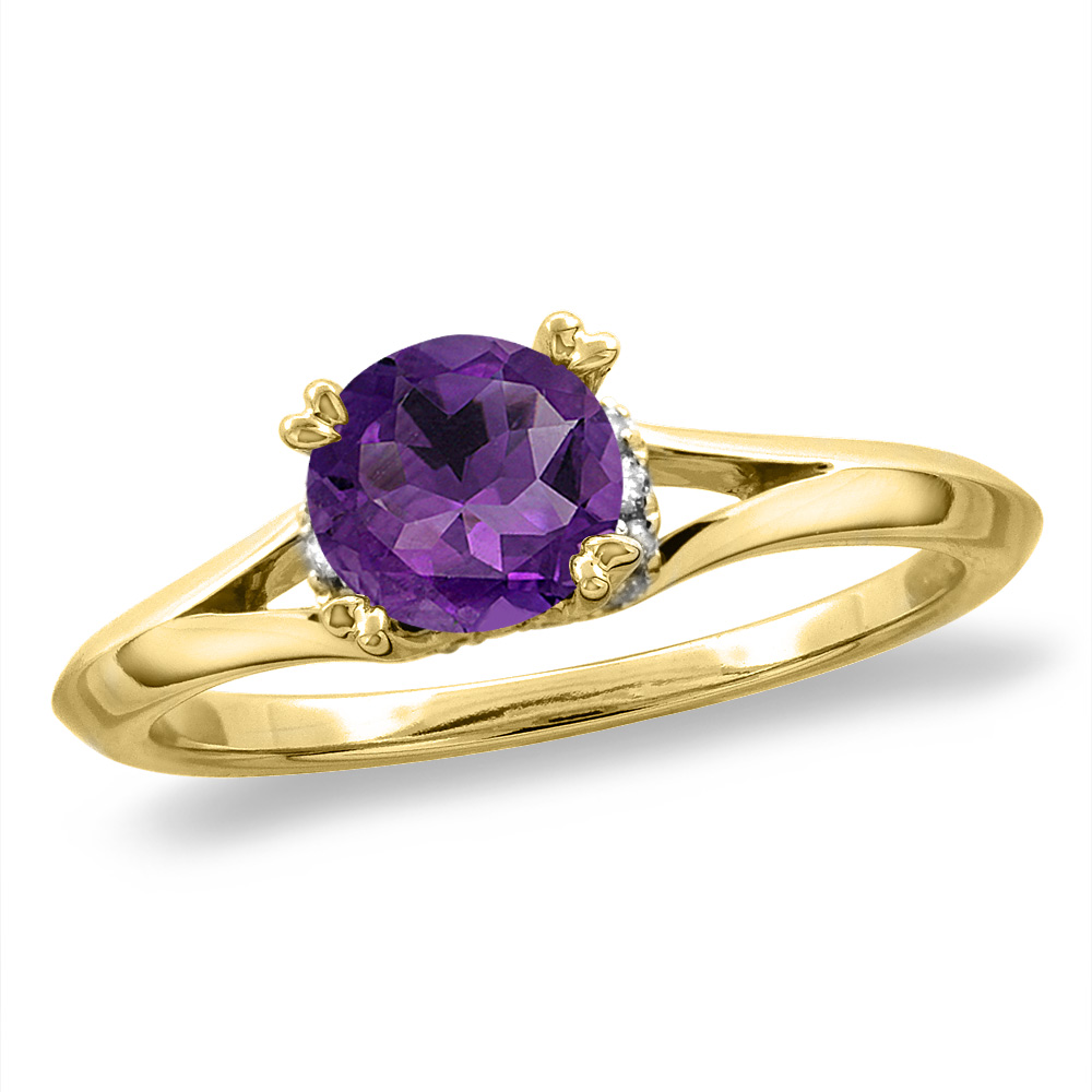 14K White/Yellow Gold Diamond Natural Amethyst Solitaire Engagement Ring Round 6 mm, sizes 5-10