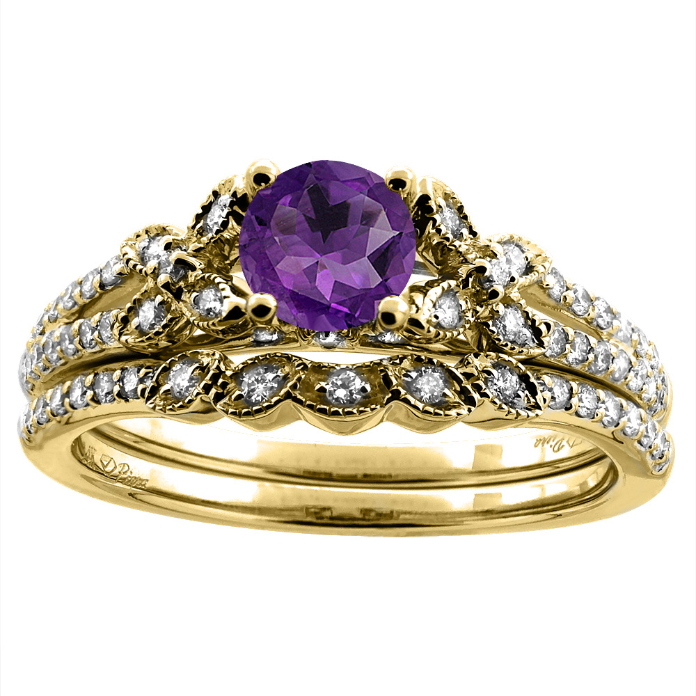 14K Yellow Gold Floral Diamond Natural Amethyst 2pc Engagement Ring Set Round 5 mm, sizes 5-10