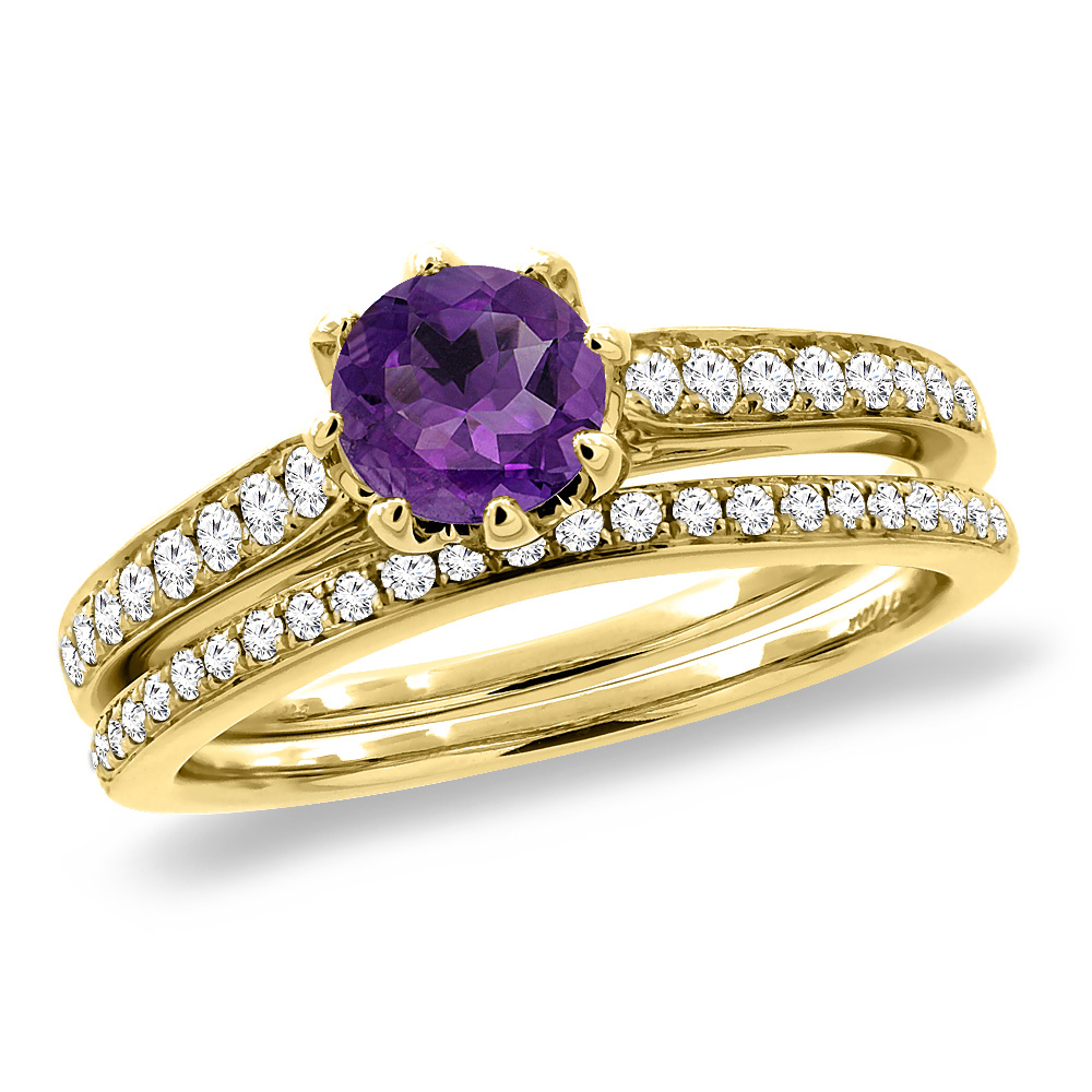 14K Yellow Gold Diamond Natural Amethyst 2pc Engagement Ring Set Round 5 mm, sizes 5-10