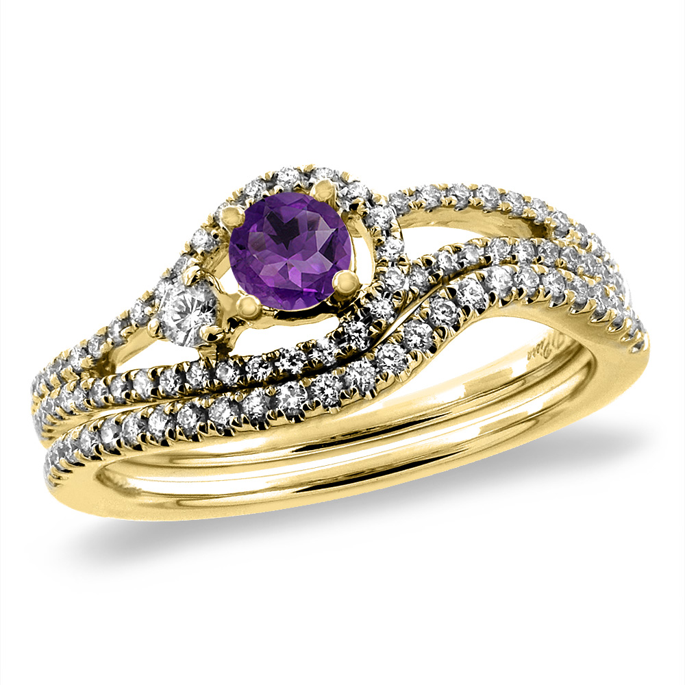 14K Yellow Gold Diamond Natural Amethyst 2pc Engagement Ring Set Round 5 mm, sizes 5-10