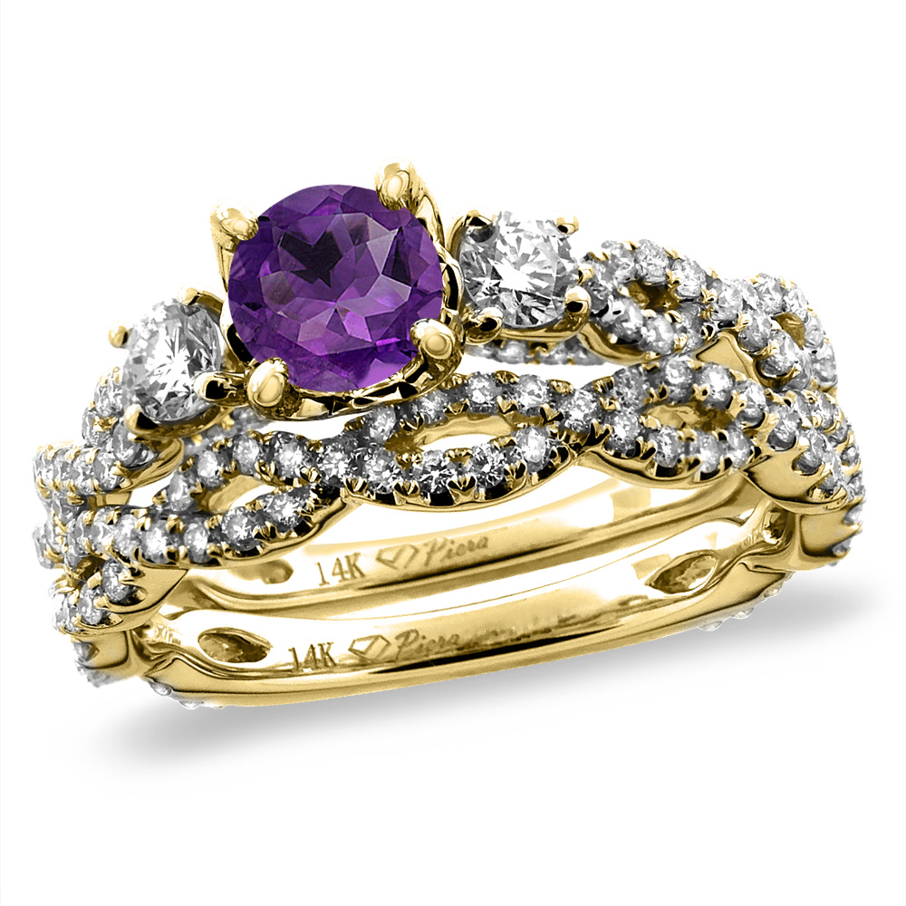 14K Yellow Gold Diamond Natural Amethyst 2pc Infinity Engagement Ring Set Round 5 mm, sizes 5-10