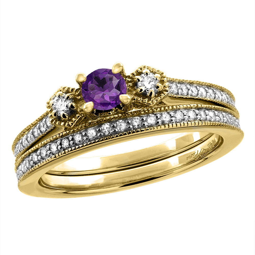 14K Yellow Gold Diamond Natural Amethyst 2pc Engagement Ring Set Round 4 mm, sizes 5 -10
