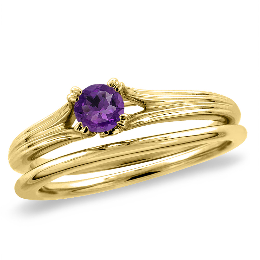 14K Yellow Gold Diamond Natural Amethyst 2pc Solitaire Engagement Ring Set Round 4 mm, sizes 5 -10