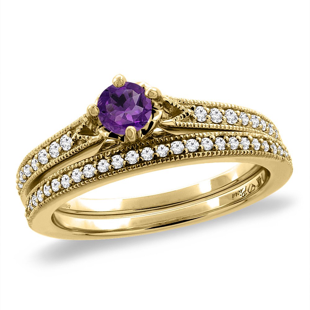 14K Yellow Gold Diamond Natural Amethyst 2pc Engagement Ring Set Round 4 mm, sizes 5 -10