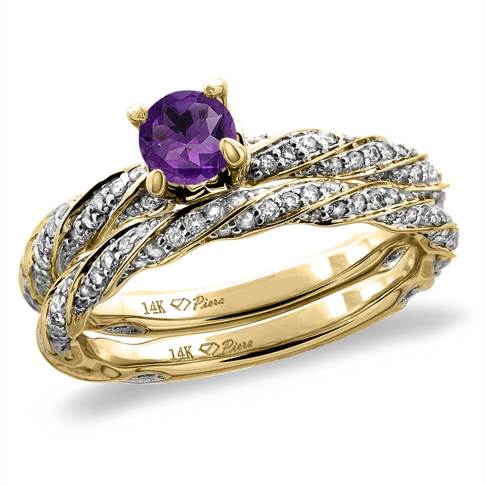 14K Yellow Gold Diamond Natural Amethyst 2pc Twisted Engagement Ring Set Round 4 mm, sizes 5 -10