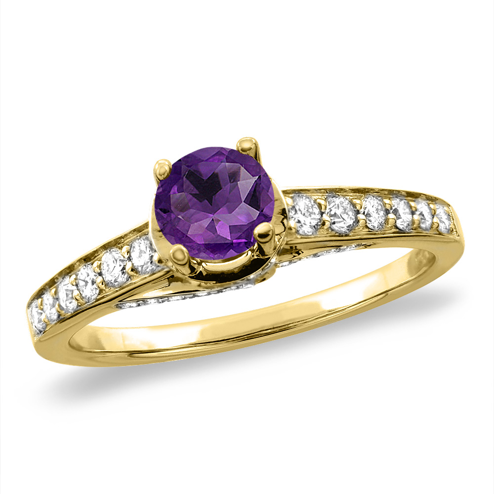 14K White/Yellow Gold Diamond Natural Amethyst Engagement Ring Round 4 mm, sizes 5 -10
