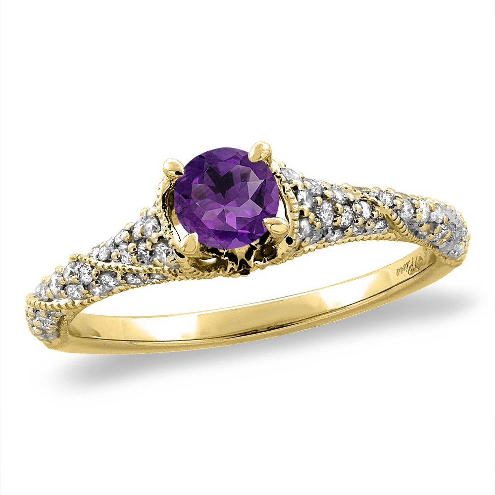 14K Yellow Gold Diamond Natural Amethyst Engagement Ring Round 4 mm, sizes 5 -10