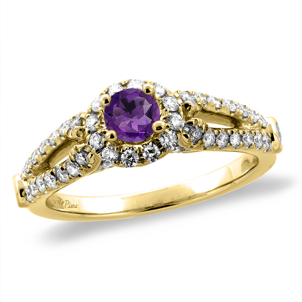 14K Yellow Gold Diamond Natural Amethyst Halo Engagement Ring Round 4 mm, sizes 5 -10