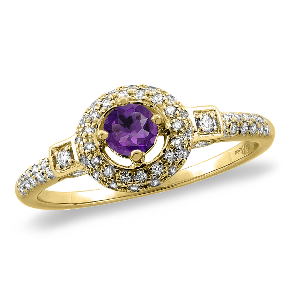 14K White/Yellow Gold Diamond Natural Amethyst Halo Engagement Ring Round 4 mm, sizes 5 -10