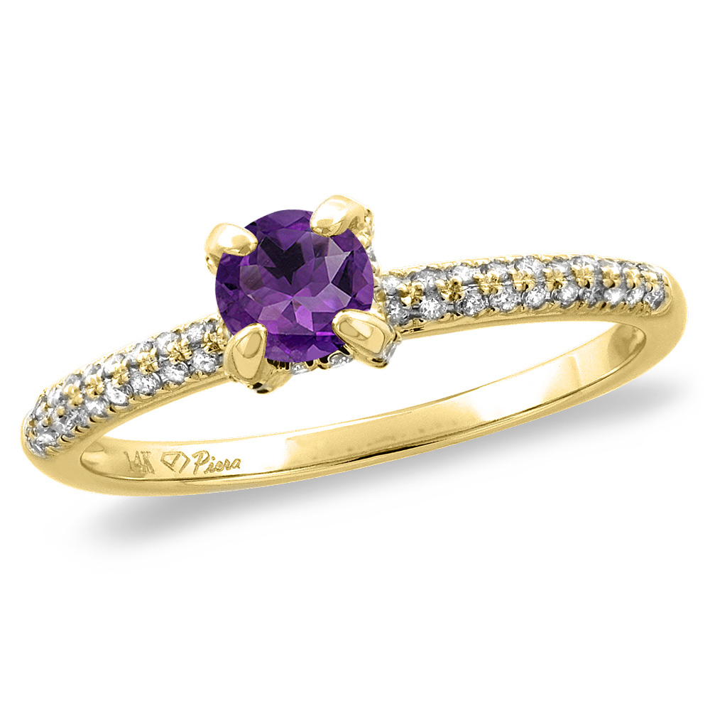 14K White/Yellow Gold Diamond Natural Amethyst Solitaire Engagement Ring Round 4 mm, sizes 5 -10