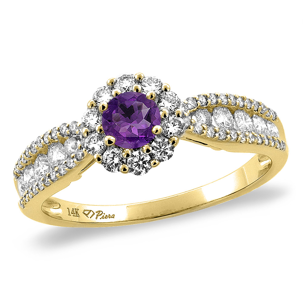 14K Yellow Gold Natural Amethyst Halo Engagement Ring Round 4 mm, sizes 5 -10