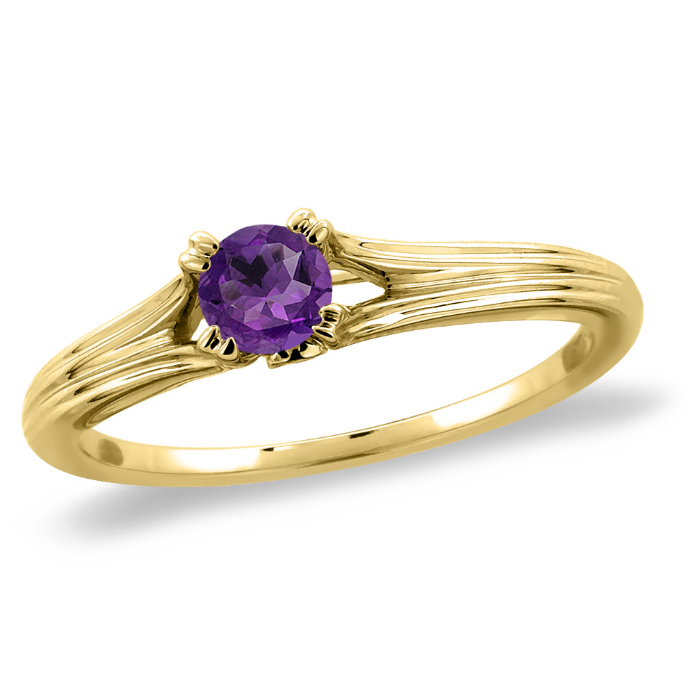 14K Yellow Gold Diamond Natural Amethyst Solitaire Engagement Ring Round 4 mm, sizes 5 -10