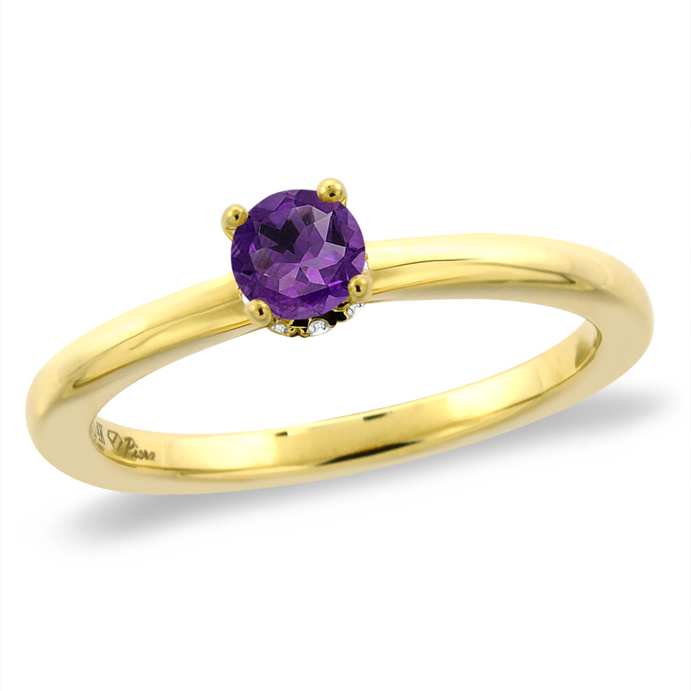 14K Yellow Gold Diamond Natural Amethyst Solitaire Engagement Ring Round 5 mm, sizes 5 -10