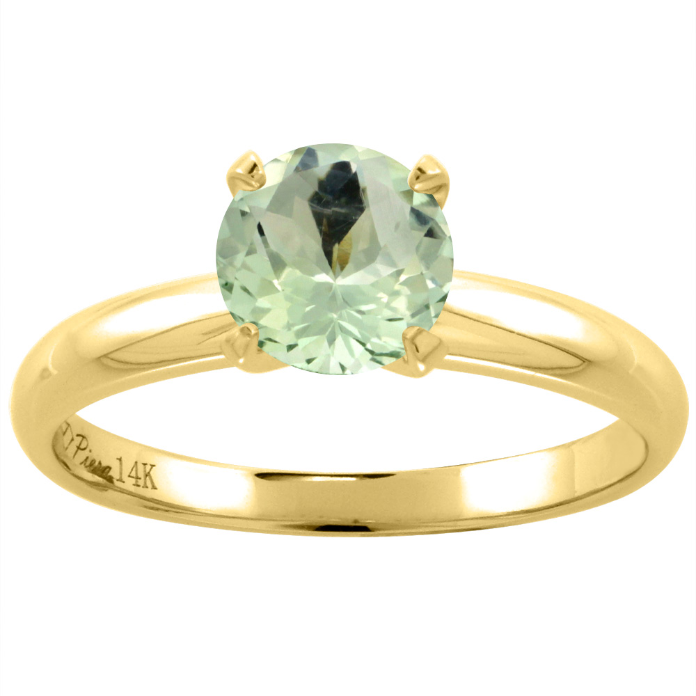 14K Yellow Gold Natural Green Amethyst Solitaire Engagement Ring Round 7 mm, sizes 5-10