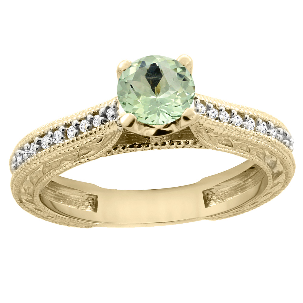 14K Yellow Gold Natural Green Amethyst Round 5mm Engraved Engagement Ring Diamond Accents, sizes 5 - 10