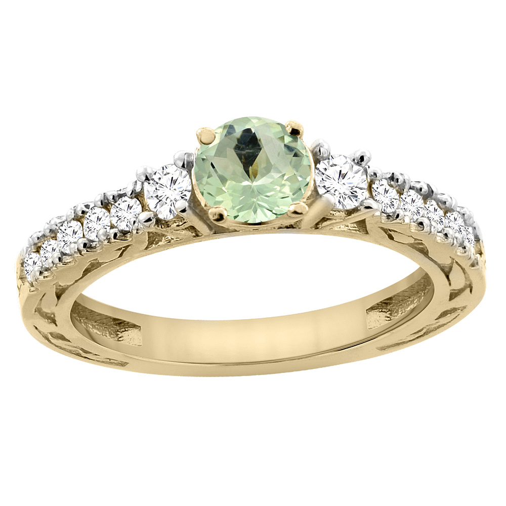 14K Yellow Gold Natural Green Amethyst Round 6mm Engraved Engagement Ring Diamond Accents, sizes 5 - 10