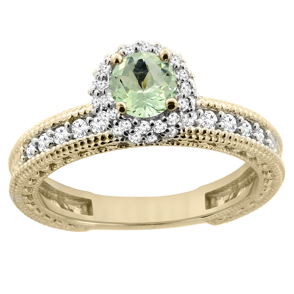 14K Yellow Gold Natural Green Amethyst Round 5mm Engagement Ring Diamond Accents, sizes 5 - 10
