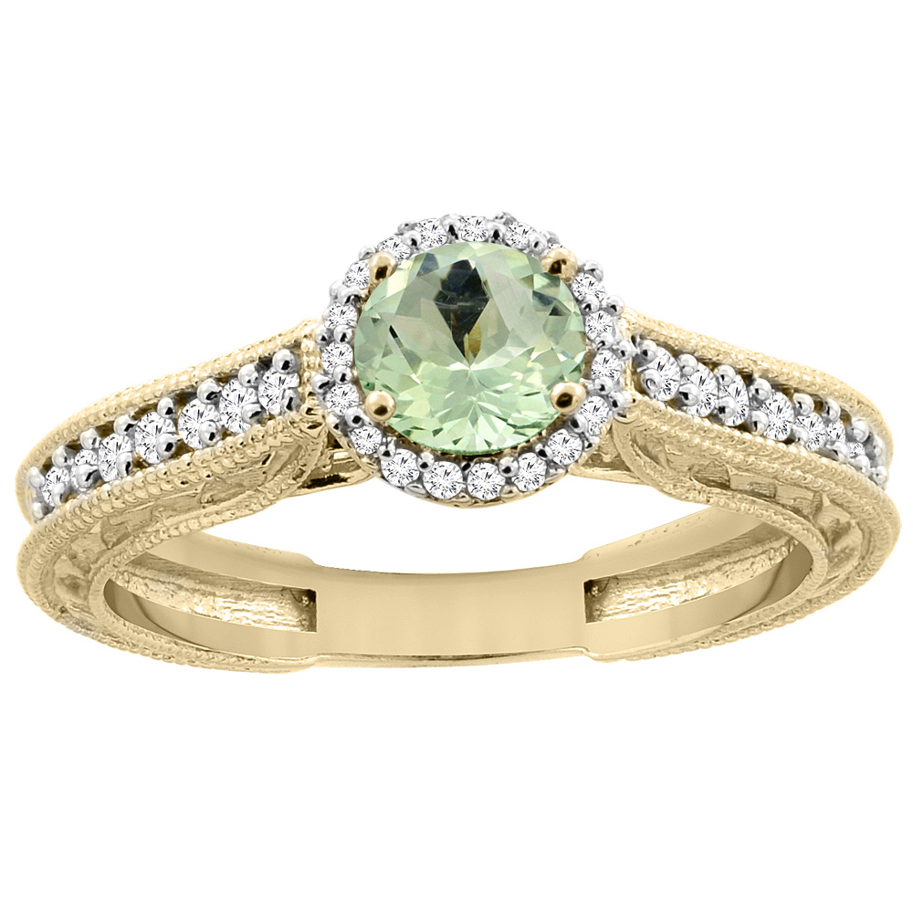 14K Yellow Gold Natural Green Amethyst Round 5mm Engraved Engagement Ring Diamond Accents, sizes 5 - 10