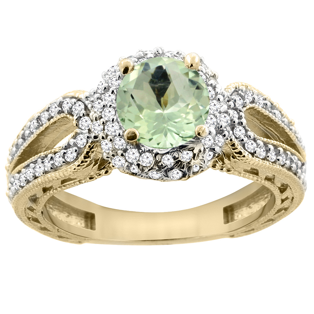 14K Yellow Gold Natural Green Amethyst Engagement Ring Round 6mm Engraved Split Shank Diamond Accents, sizes 5 - 10