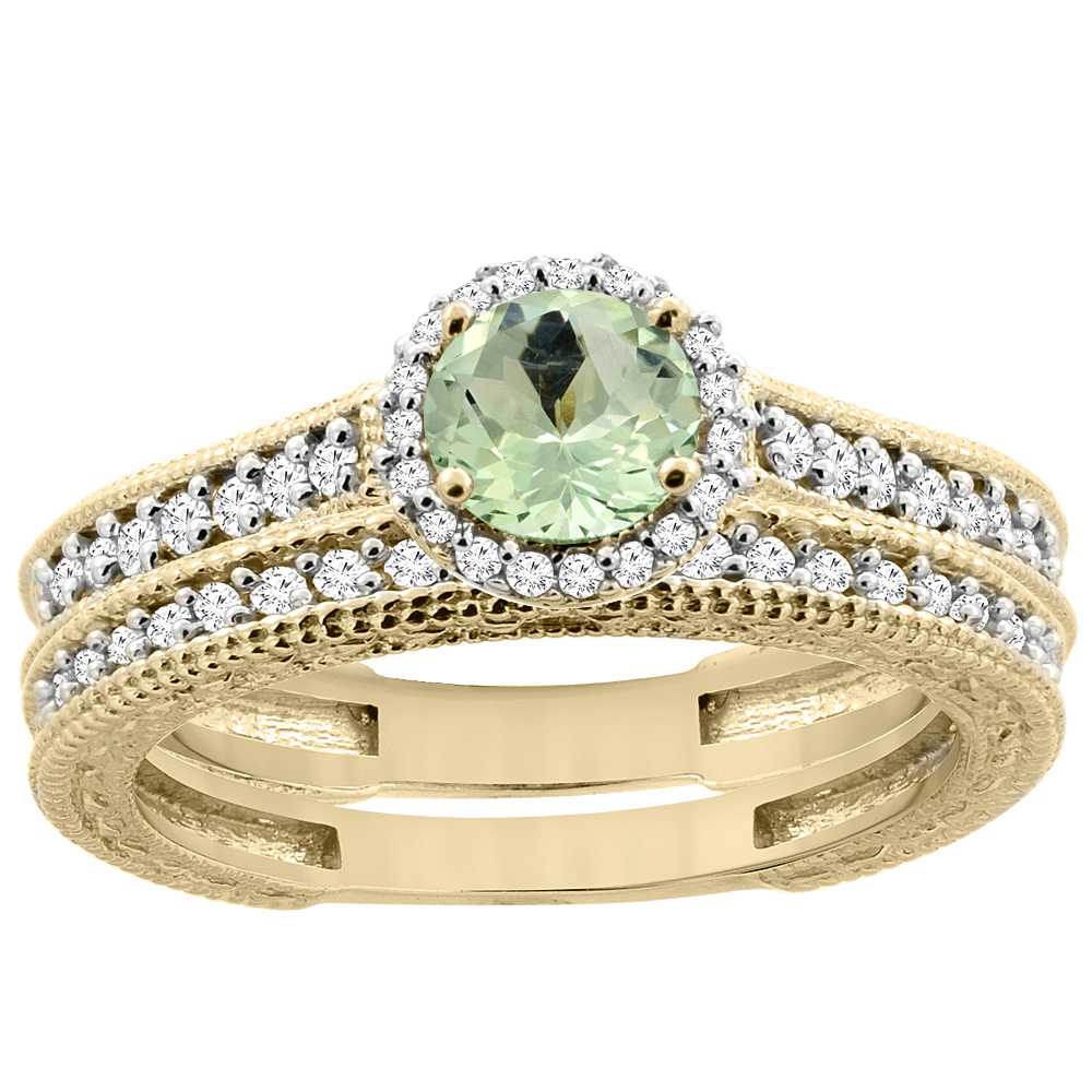 14K Yellow Gold Natural Green Amethyst Round 5mm Engagement Ring 2-piece Set Diamond Accents, sizes 5 - 10