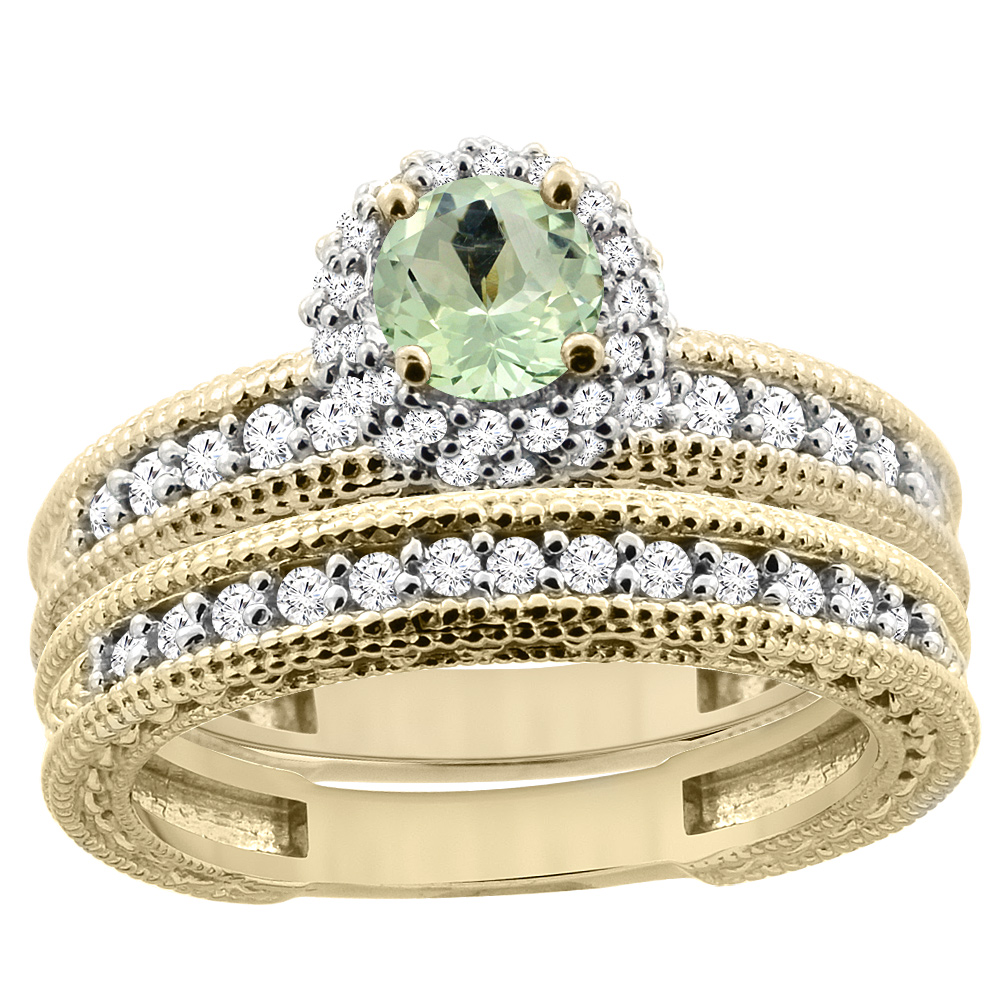 14K Yellow Gold Diamond Natural Green Amethyst Round 4mm Engagement Ring 2-piece Set, sizes 5 - 10