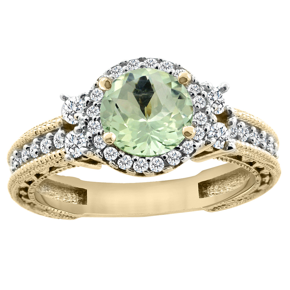 14K Yellow Gold Natural Green Amethyst Halo Engagement Ring Round 6mm Diamond Accents, sizes 5 - 10