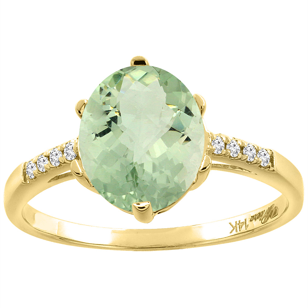14K Yellow Gold Natural Green Amethyst & Diamond Ring Oval 10x8 mm, sizes 5-10