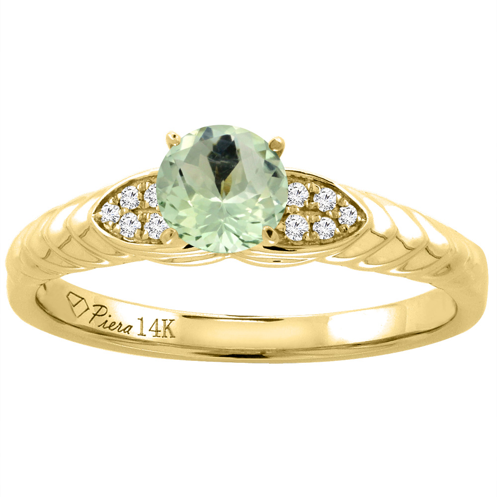 14K Yellow Gold Diamond Natural Green Amethyst Engagement Ring Round 5 mm, sizes 5-10