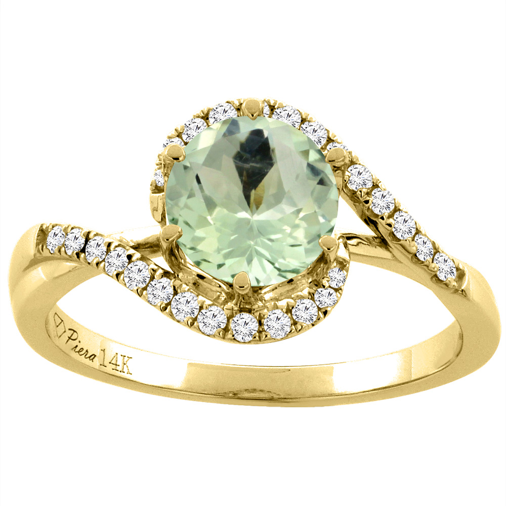 14K Yellow Gold Diamond Natural Green Amethyst Bypass Engagement Ring Round 7 mm, sizes 5-10