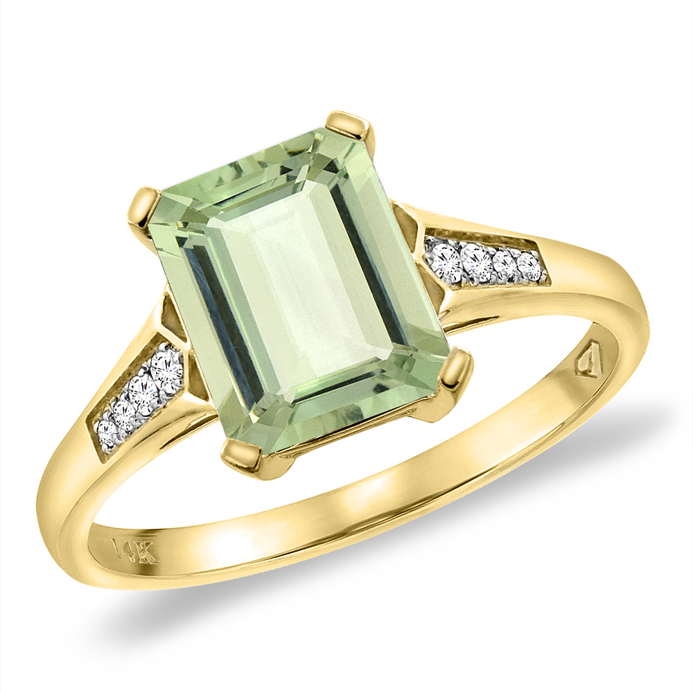 14K Yellow Gold Natural Green Amethyst Ring 9x7 mm Octagon with Diamond Accent, sizes 5 -10